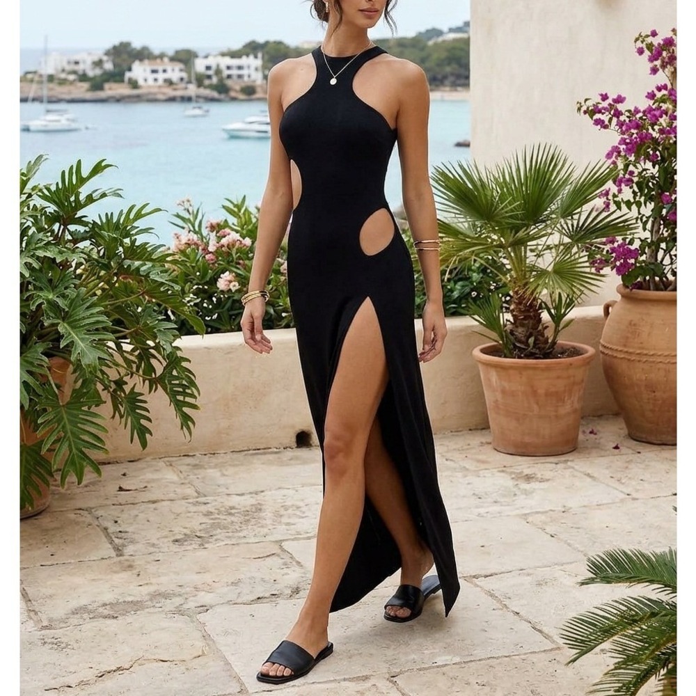 Riot Swim Capri Coverup Maxi Dress L Cut Out Halter Open Back Resort Beach NWT